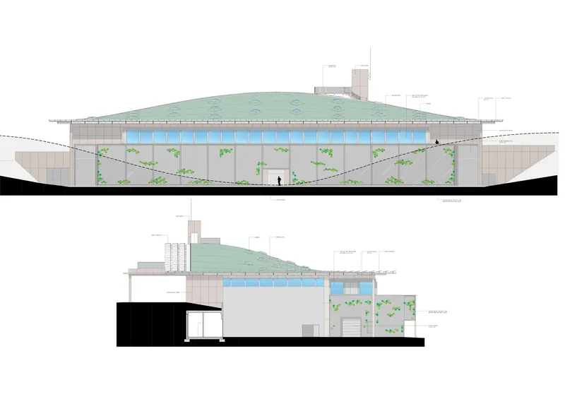Elevation and section drawings showing the planted facade with clerestory windows and sloping roof