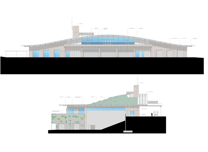 Elevation and section drawings depicting the gabled roof with blue glazing and planted terraces