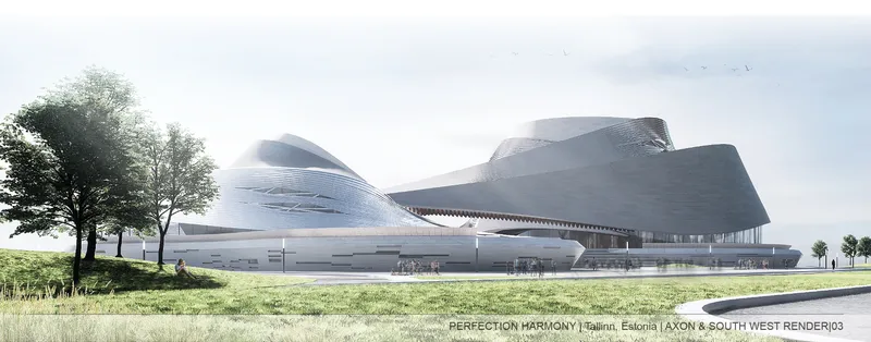 Fluid architectural forms rise from the landscape, shaping a contemporary cultural landmark by the sea.