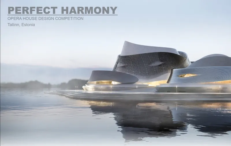 Waterfront view highlighting the opera house’s flowing ribbon facade and reflective coastal setting