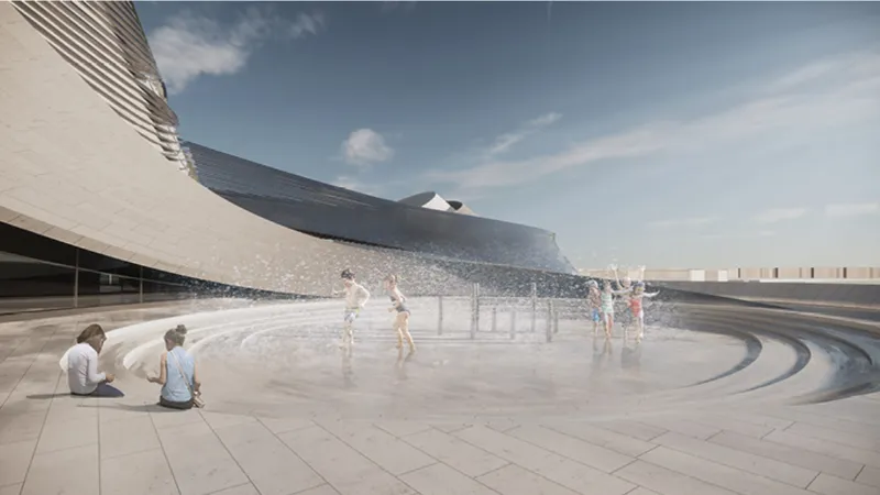 A playful public plaza integrates water, seating, and architecture into an active social space.