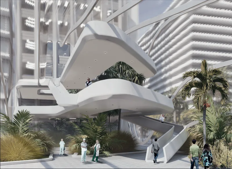 Landscaped atriums and flowing walkways introduce restorative greenery into the vertical healthcare complex.