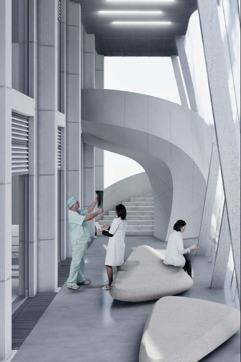 A light-filled clinical corridor connects medical spaces with sculptural seating and a curved circulation core.