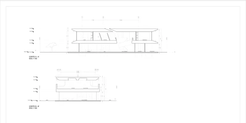 Section drawings showing the two-story interior volumes with sloped roof and central circulation