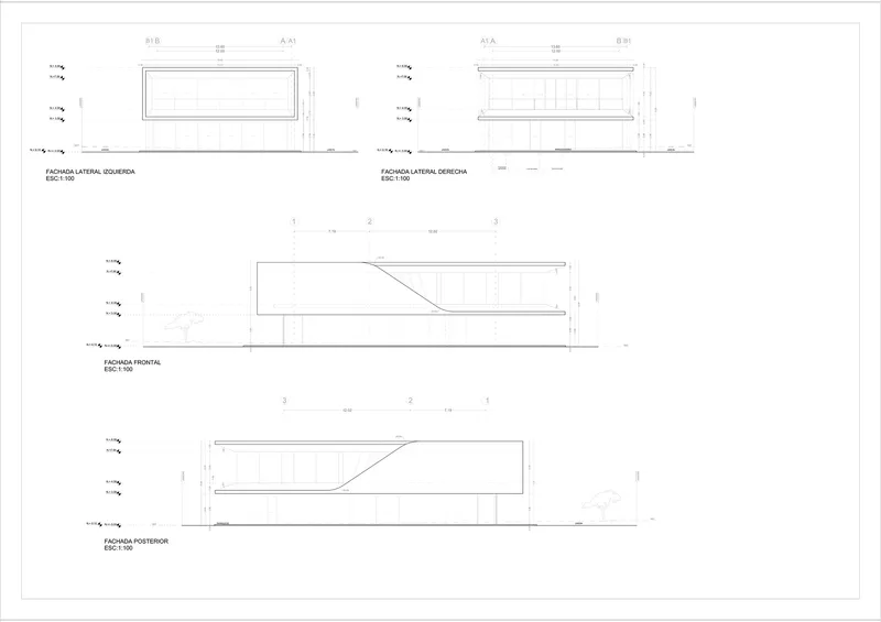 Elevation drawings of all four facades showing diagonal ramps connecting interior levels