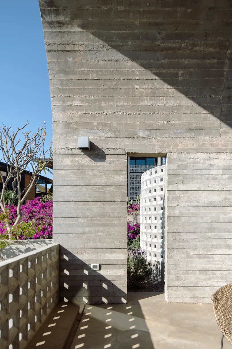 Board-formed concrete wall with perforated concrete screen door opening to a planted courtyard with bougainvillea