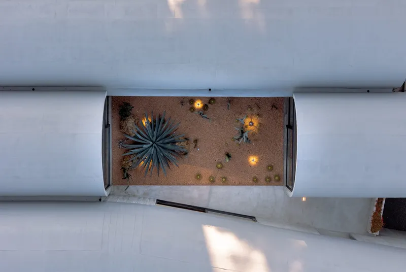 Overhead view into planted courtyard with agave and illuminated ground lights at dusk between white vaults