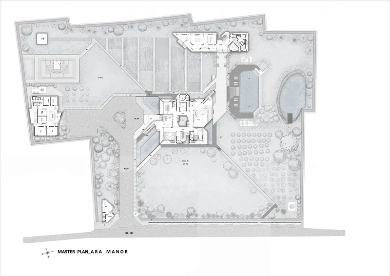 Master plan drawing showing a residence with central courtyard, pool and surrounding landscaped gardens