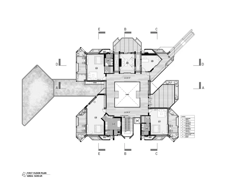 First floor plan drawing showing bedrooms and terraces surrounding a central double-height void