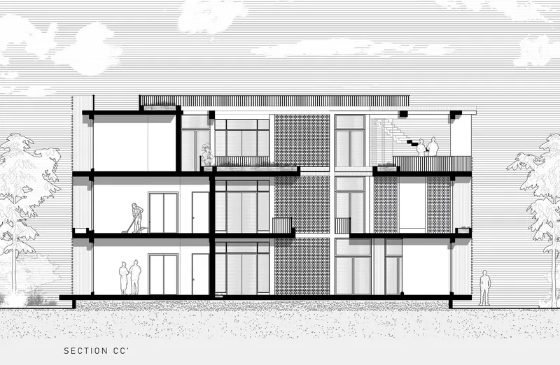 Section drawing depicting a three-story facade with patterned screens and flanking trees