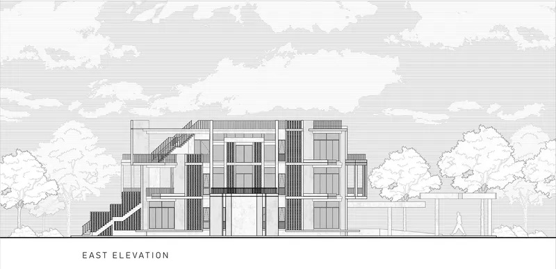 East elevation drawing depicting a three-story facade with large glazing and vertical screening elements