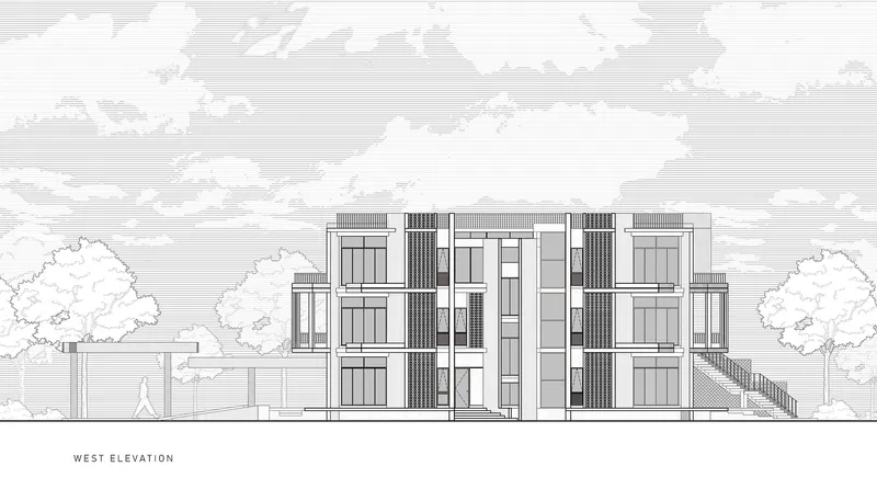 West elevation drawing with recessed balconies and vertical screening elements flanked by mature trees