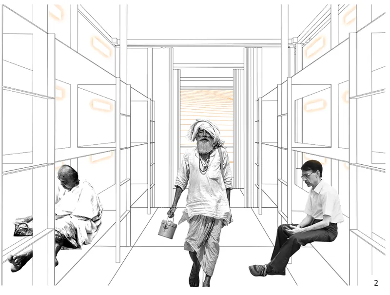 Interior perspective sketch of narrow corridor with three people and framed wall openings on both sides
