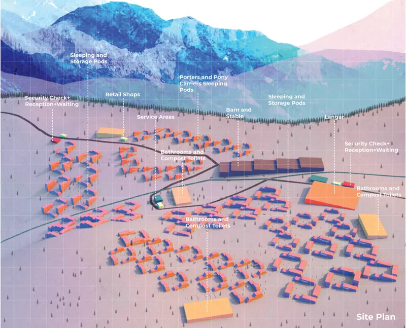 Axonometric site plan showing sleeping pods, service buildings and pathways arranged across a mountain valley
