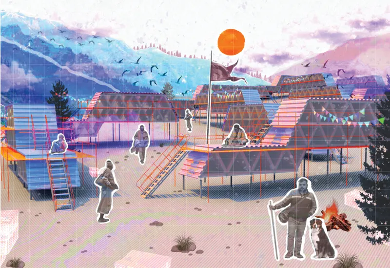 Rendered view of layered shelter structures with transparent roofs, figures and campfire under an orange sun