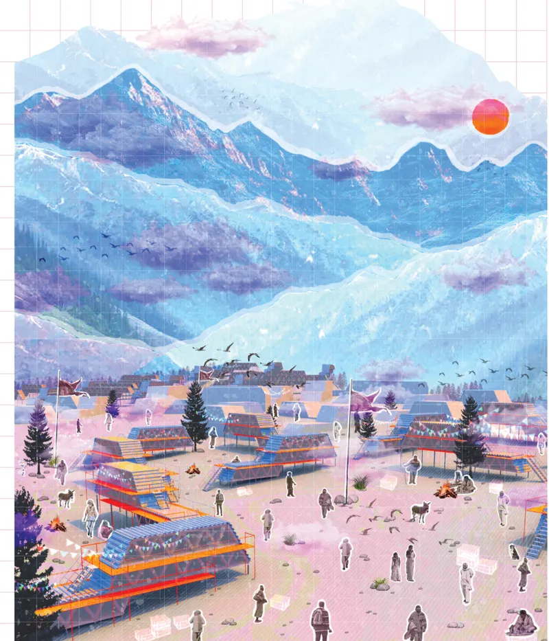 Wide view of the temporary settlement with striped roofs scattered among figures, trees and mountains beyond