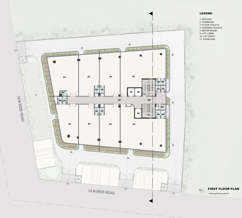 First floor plan drawing showing office spaces around a central core with perimeter landscaping