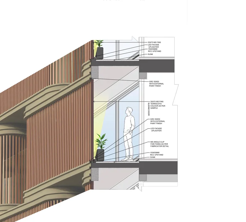 Section detail drawing showing balcony construction with vertical wood slats and material annotations