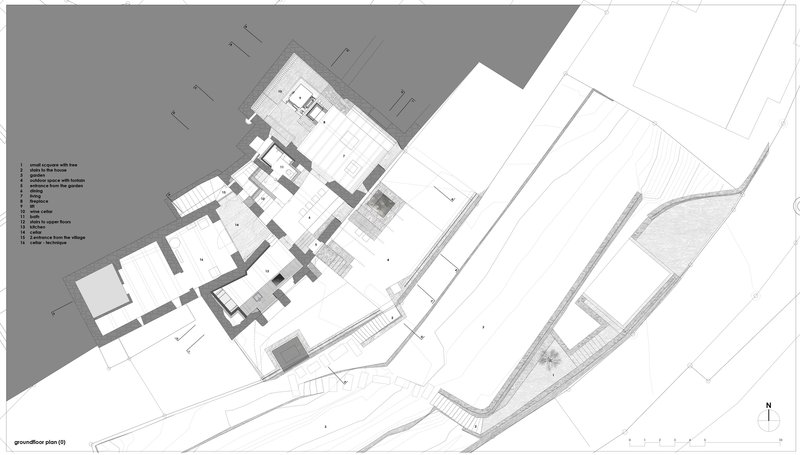 Ground floor plan drawing showing clustered volumes with adjacent terraced landscape and topographic lines