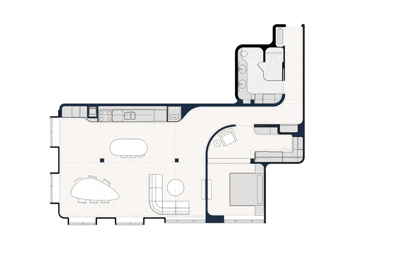 Floor plan drawing showing an open-plan living area with offset bedroom and bathroom wing