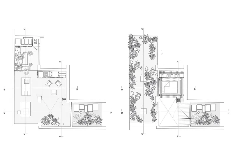 Floor plan drawings showing two levels with planted courtyard and interior layout