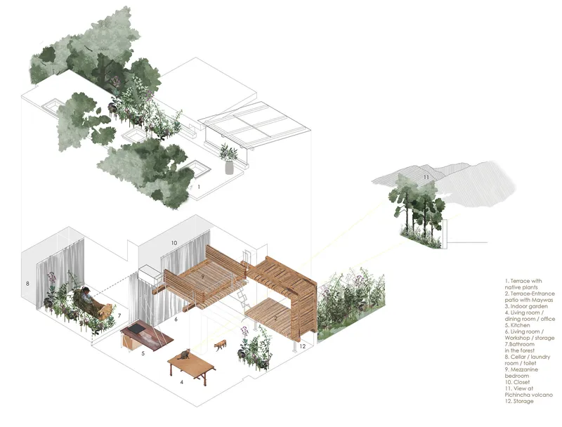 Exploded axonometric drawing with timber decking, interior rooms, and watercolor-rendered trees
