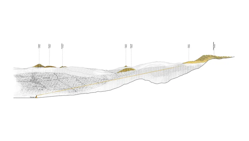 Longitudinal section drawing showing the structure nestled within undulating terrain and vegetation