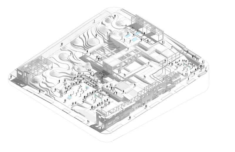 Isometric drawing showing wavy landscape forms beside rectilinear structures populated with figures throughout the site