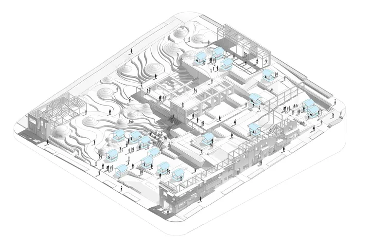Axonometric drawing showing office floors with workstations alongside a terraced landscape with curved topography
