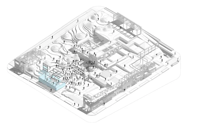 Axonometric drawing showing interior spaces with a central courtyard filled with vertical structural columns