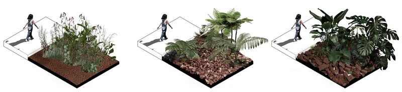 Isometric rendering showing three planting zones with varying vegetation densities and human figures for scale