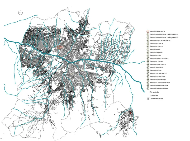 Urban plan drawing mapping green corridors and waterways threading through a dense metropolitan grid with numbered park locations