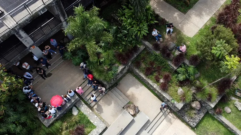 Aerial view of tiered concrete plaza with planted beds, visitors gathering, and a red umbrella