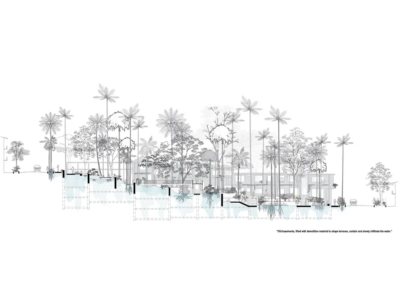 Elevation drawing depicting multiple levels beneath tall palms and trees with people scattered throughout the space