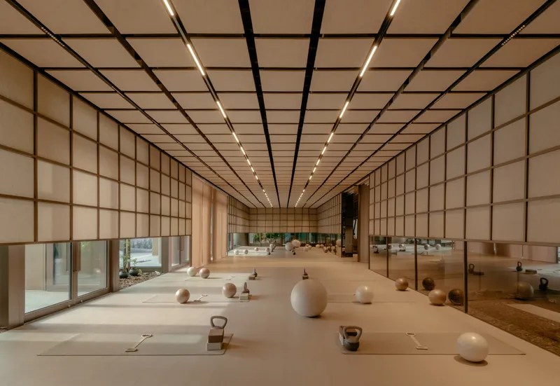 Exercise studio with gridded translucent walls, linear ceiling lights, and exercise balls scattered across the floor