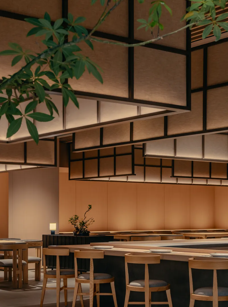 Dining area with suspended gridded ceiling panels, timber tables and chairs, and a potted plant overhead