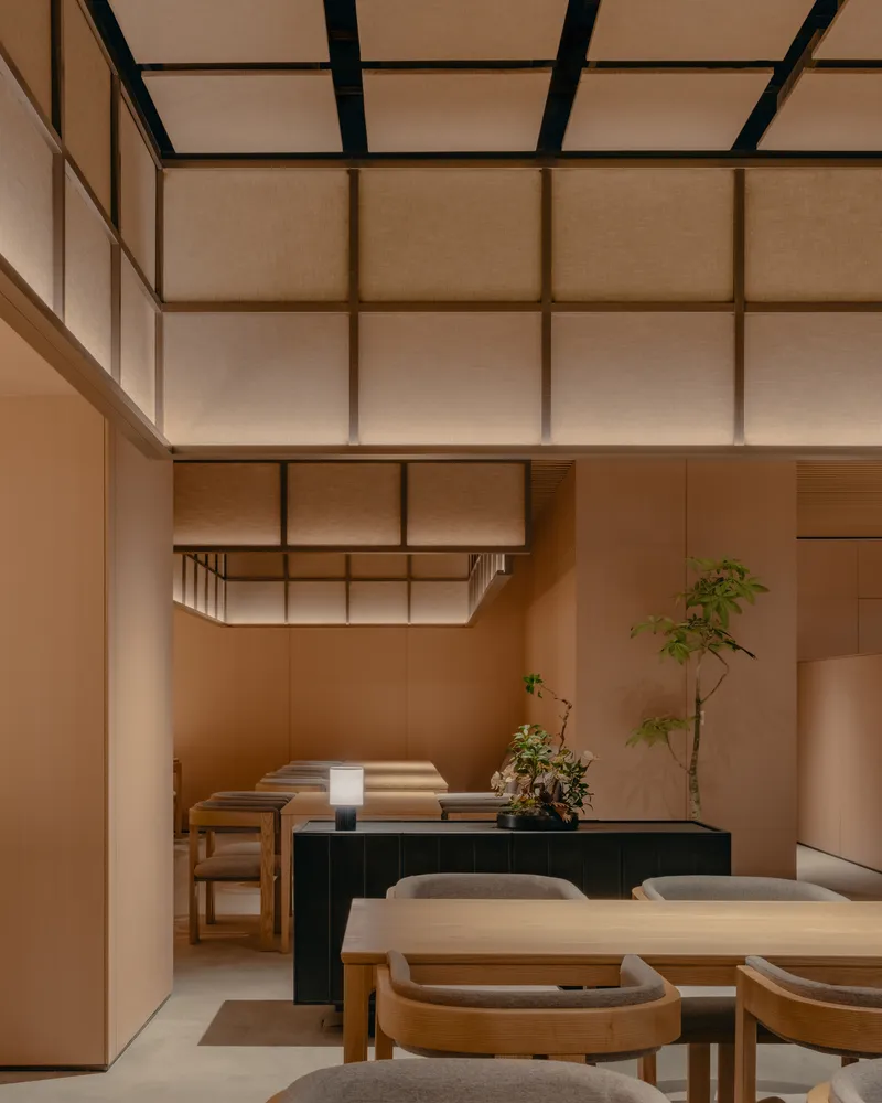 Interior dining area with translucent gridded ceiling panels, timber furniture and potted greenery under warm evening light