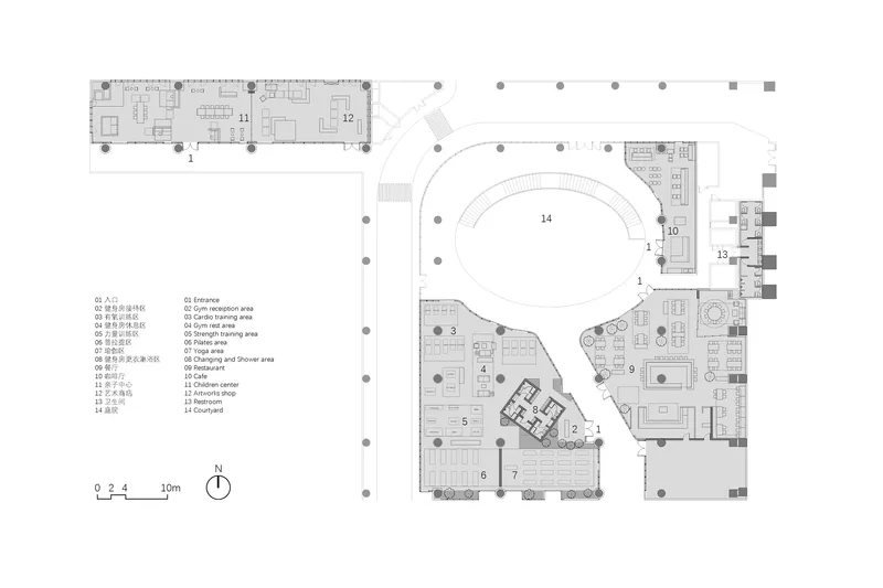 Floor plan drawing showing a linear wing and spiral form with numbered rooms and labeled spaces