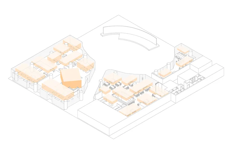 Axonometric drawing highlighting circulation paths in peach across three connected building volumes