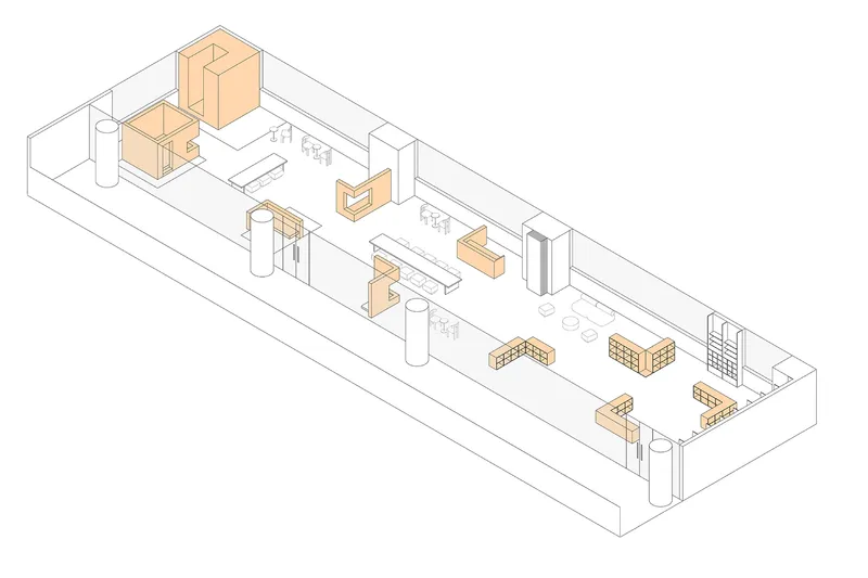Isometric drawing of a long rectangular hall with columns and timber-toned furniture elements