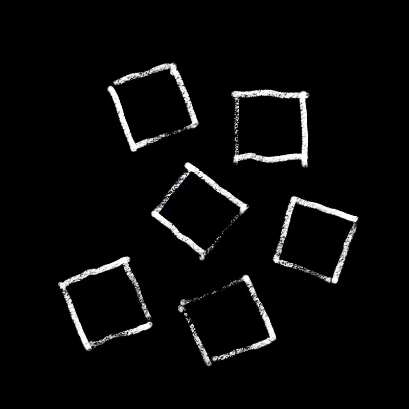 Top-down sketch showing six square building footprints scattered on a black background