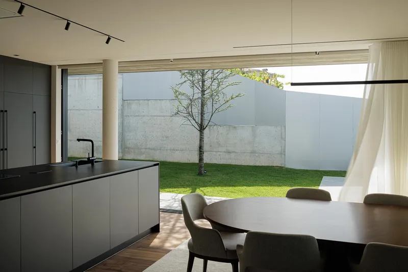 Open plan kitchen and dining area with full-height glazing overlooking a private courtyard with a single tree