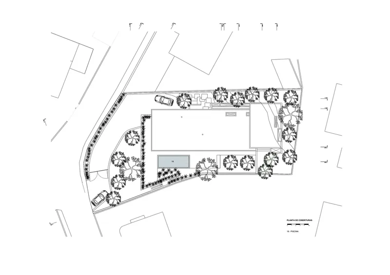 Site plan drawing depicting the main building footprint with pool and surrounding landscape elements