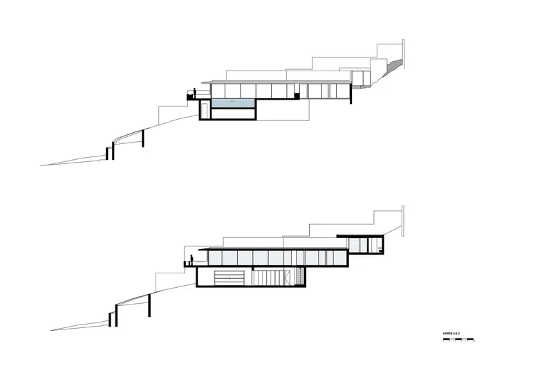 Two longitudinal section drawings showing the building stepping down a sloped site