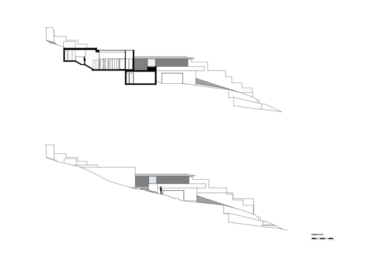 Two longitudinal section drawings revealing interior volumes and the terraced topography