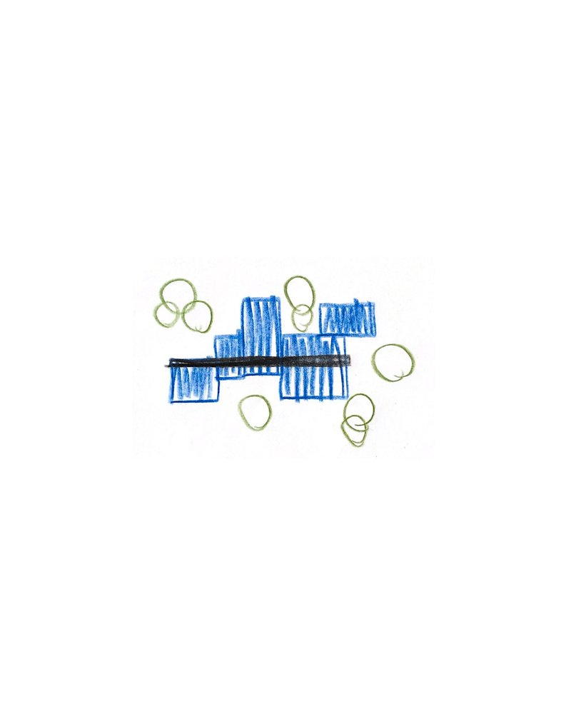 Sketch in blue marker showing cross-shaped cluster of volumes surrounded by green circular landscape elements