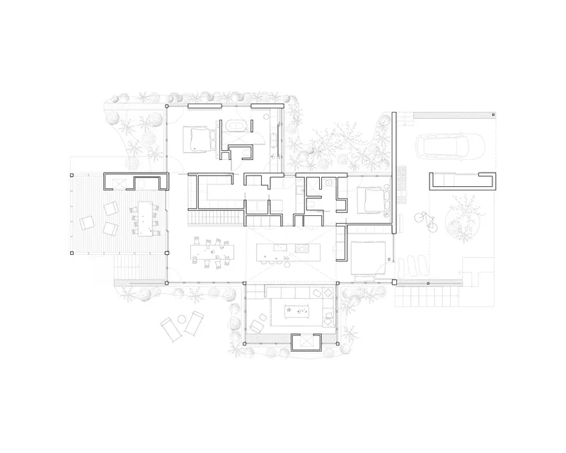 Floor plan drawing depicting interconnected rooms with outdoor terraces and surrounding trees indicated in plan view