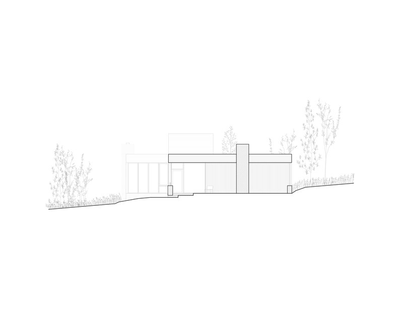 Elevation drawing showing horizontal volumes with flat roofs nestled among trees on sloping terrain