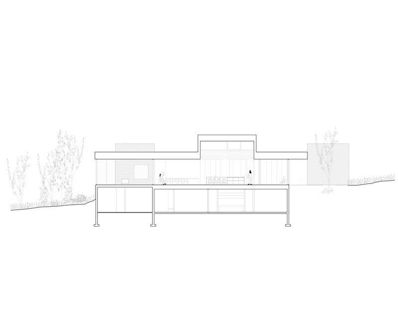 Section drawing revealing split-level interior spaces with raised central volume and elevated deck on columns
