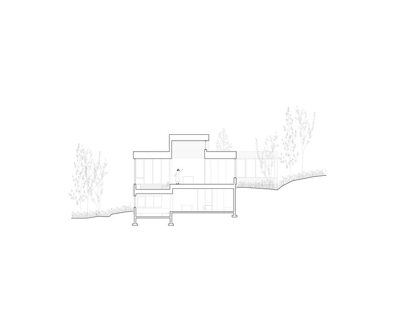 Section drawing showing terraced levels with figures in interior rooms and cantilevered platform